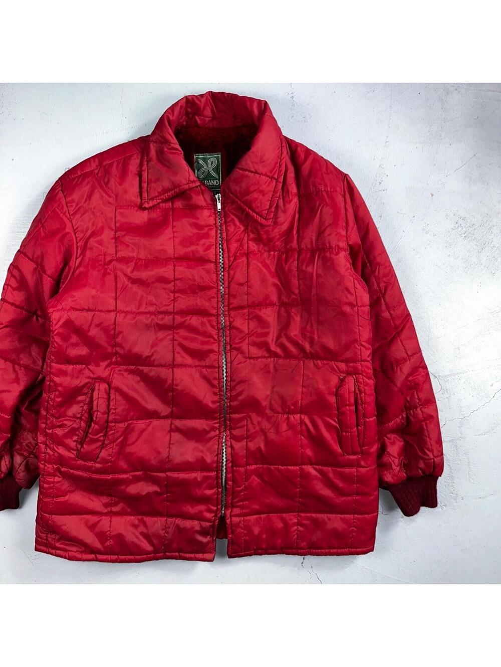 Haband Jacket Mens Red Barn Chore Puffer Coat Hood Zip Up Scovill 70s Fur Lined